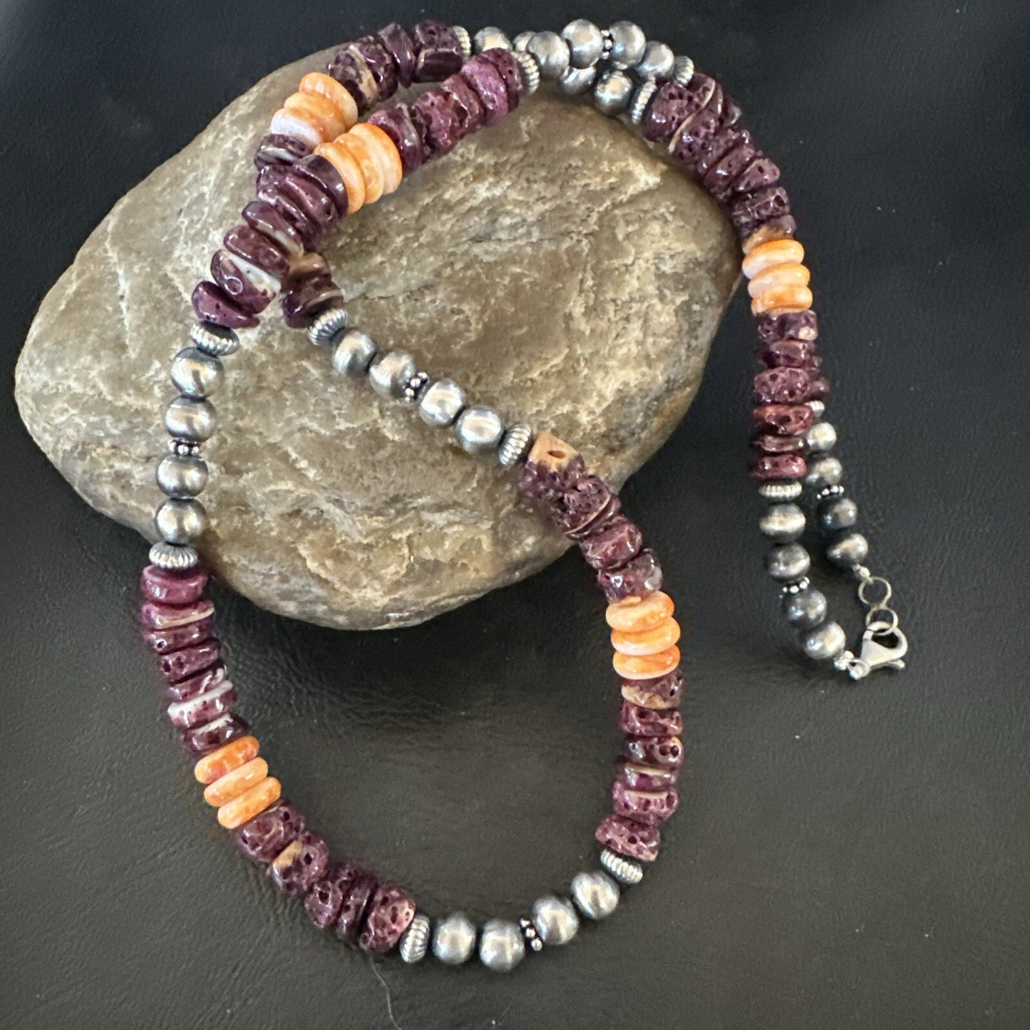 Navajo Sterling Necklace Purple Orange Spiny Oyster  20" 17702