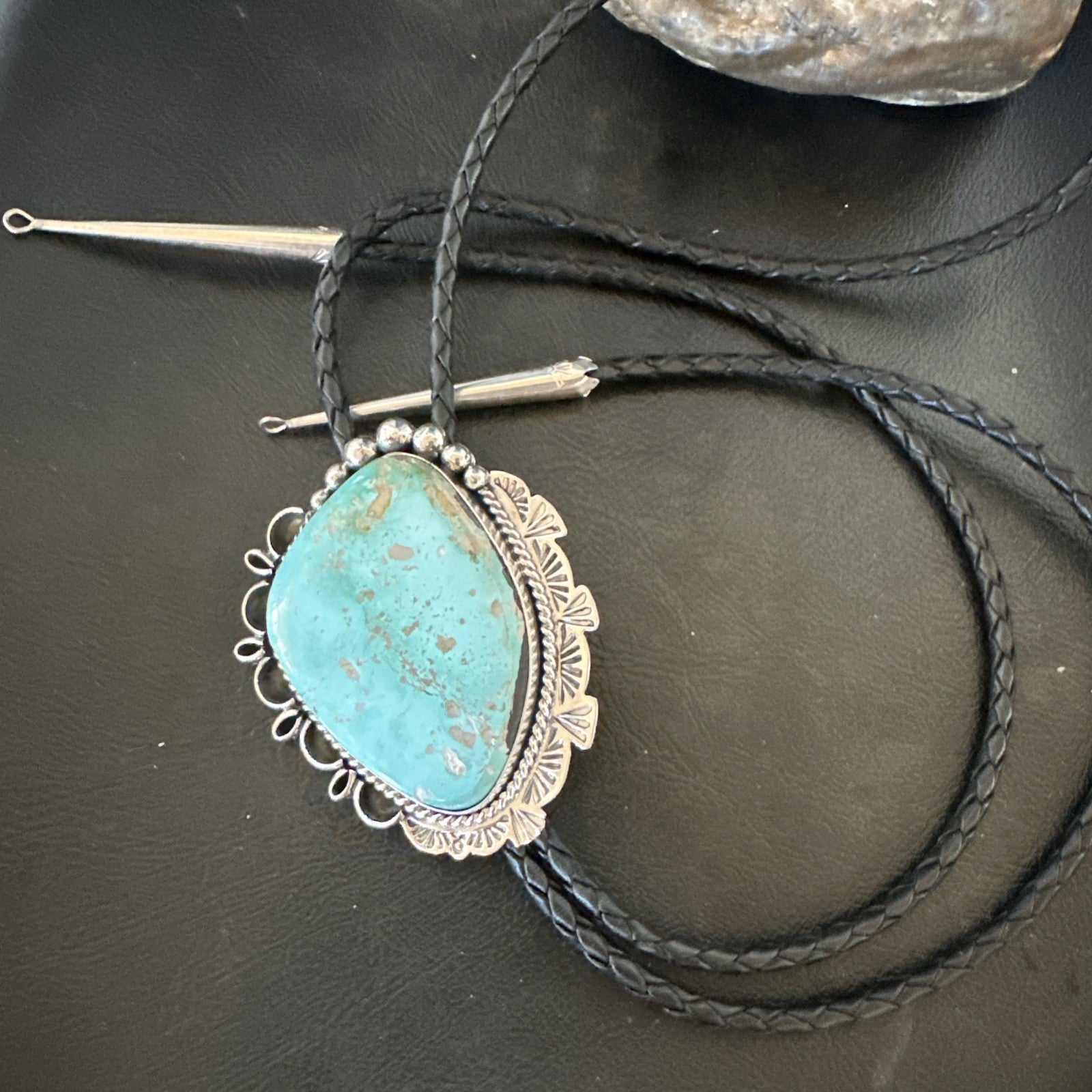 Native Mens Blue Green Royston Turquoise Bolo Tie Sterling Silver Navajo 19592
