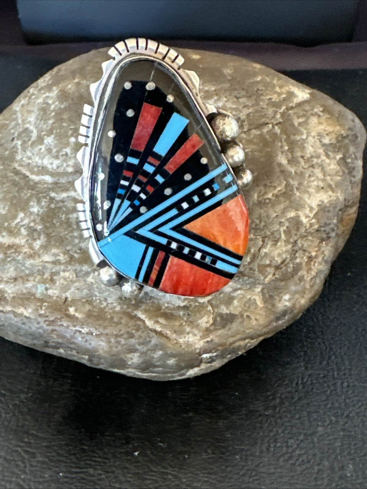 Cosmic Inlay Onyx Turquoise Spiny Navajo Sterling Silver Ring Size 9 19789