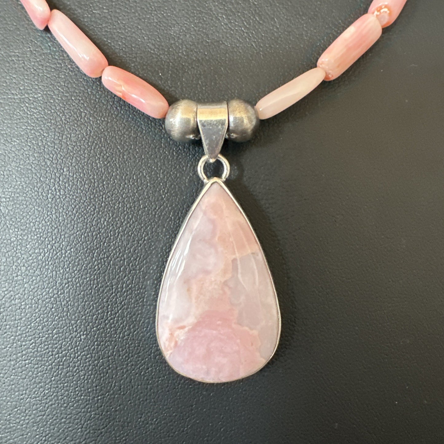 Southwestern Sterling Silver Pink Coral Bead Necklace Quartz Pendant 24" 19587