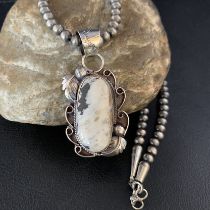 Mens Sterling Silver Beads White Buffalo Turquoise Necklace Pendant 20" 13666