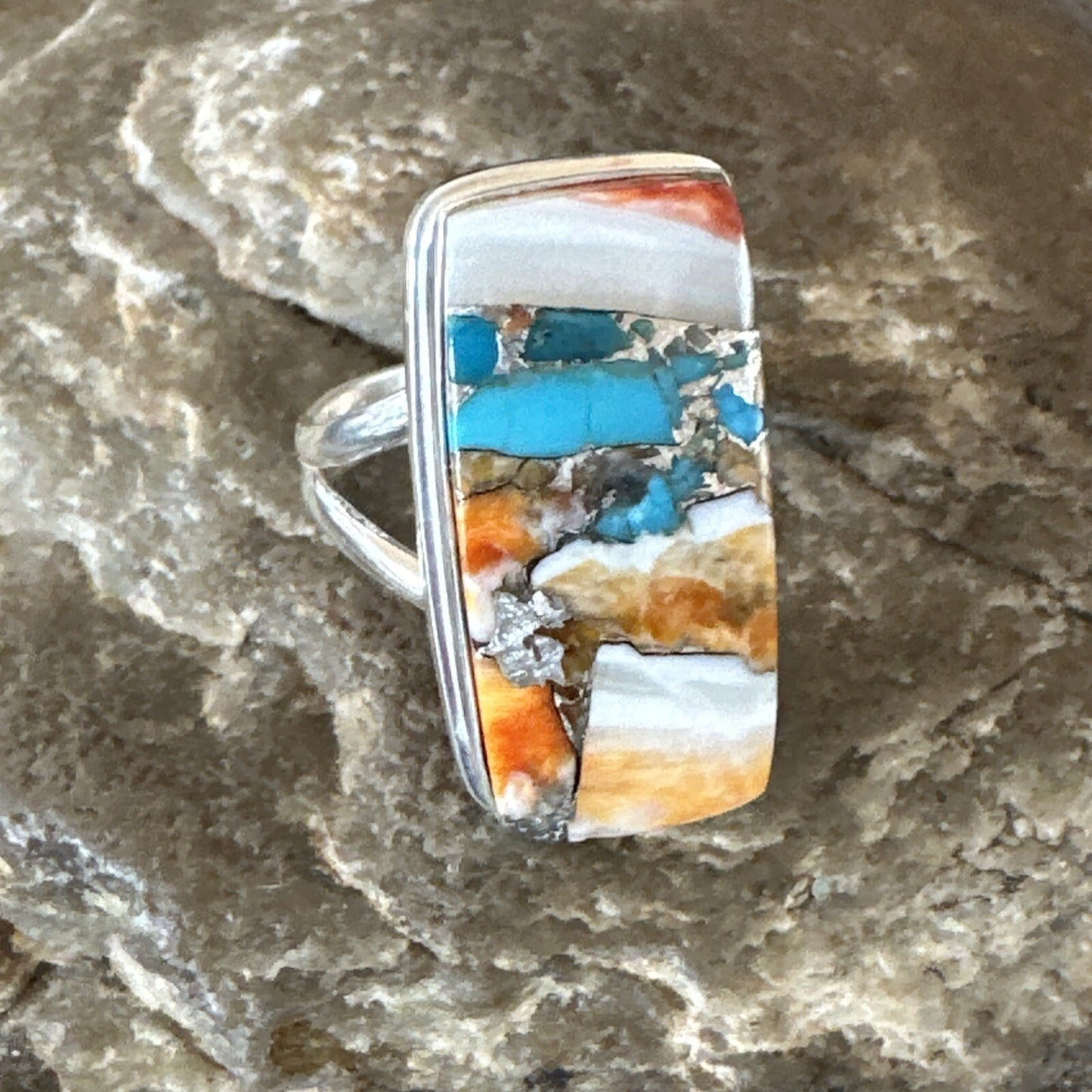 Blue Turquoise Spiny Oyster Navajo Sterling Silver Ring Size 7 18225