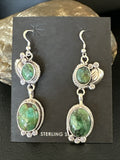 Navajo Green Turquoise Dangle Earrings 2" | Sterling Silver | Authentic Native American Handmade | 17696
