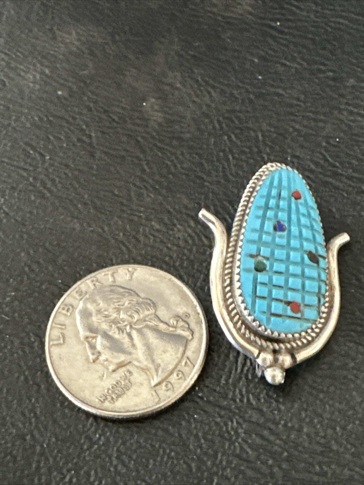 CORN INLAY Blue Turquoise MOP Spiny Zuni Sterling Silver Pin Pendant 17850