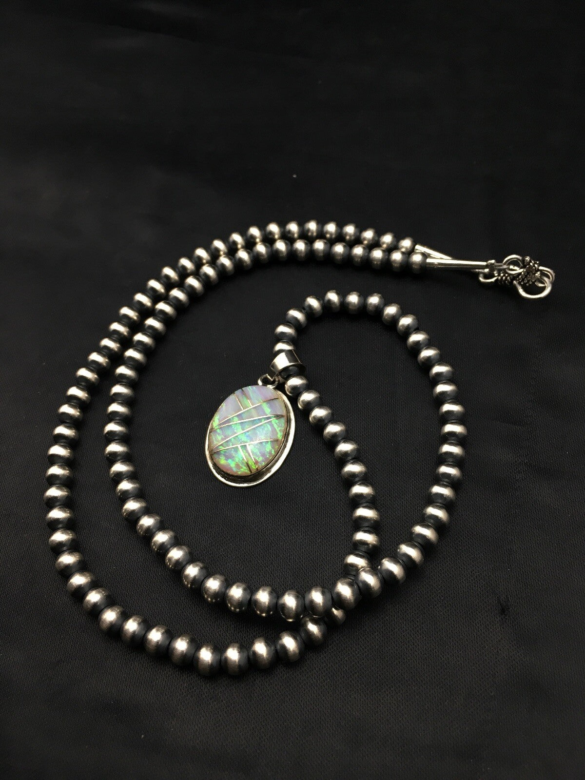 Native Opal Inlay Pendant Navajo Pearls Sterling Silver Necklace 4400