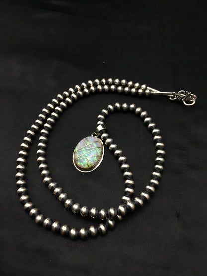 Native Opal Inlay Pendant Navajo Pearls Sterling Silver Necklace 4400