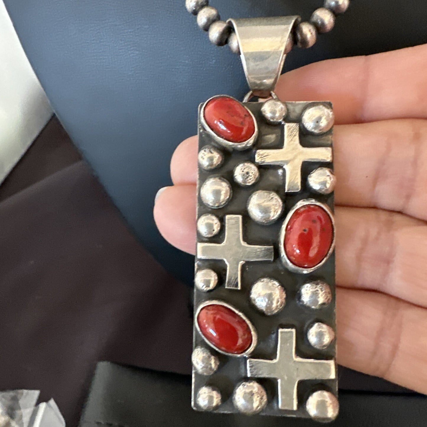 Navajo Pearls Red Coral Necklace Pendant 20” Native American 15909