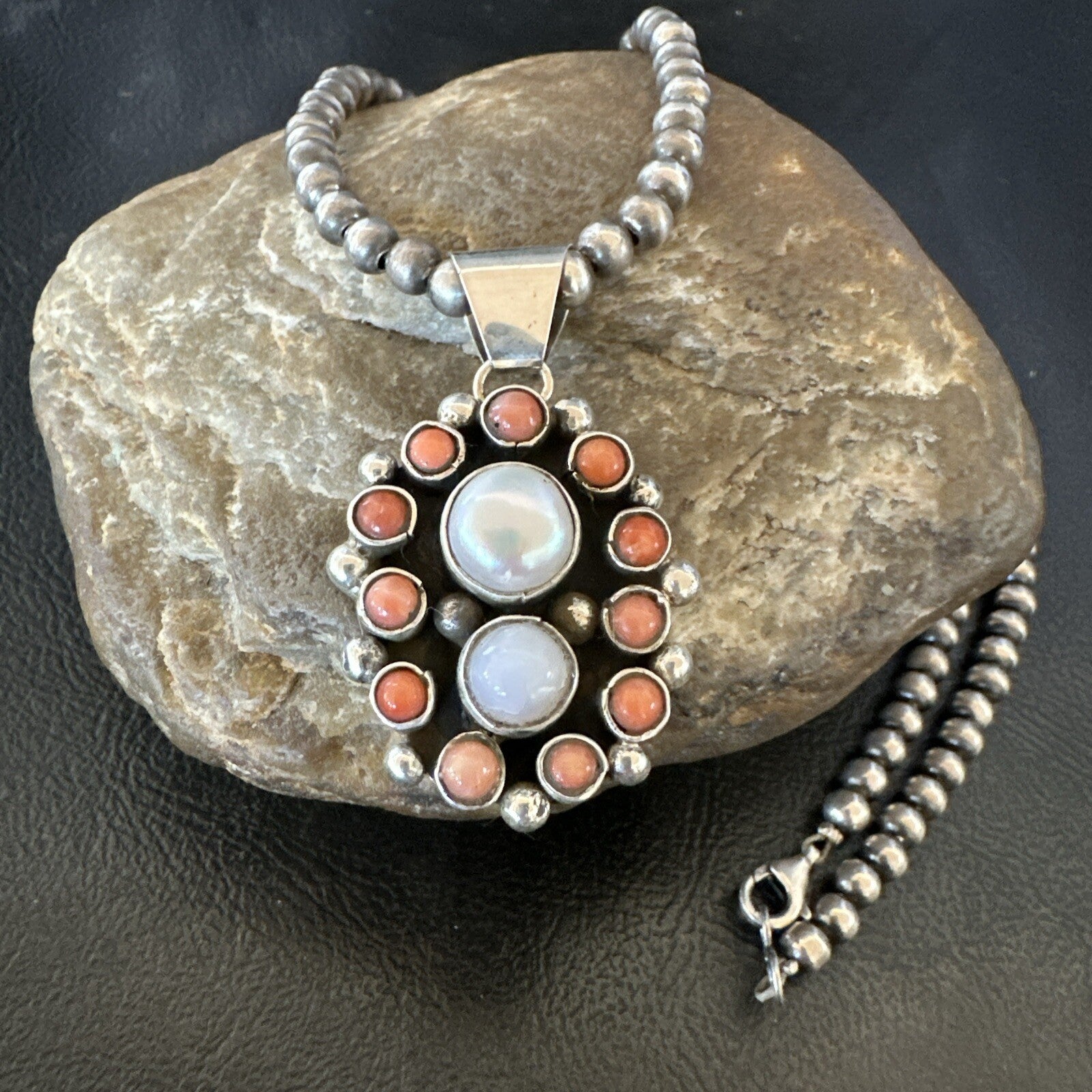Pink Coral White Pearl Navajo Sterling Silver Cluster Pendant 1.5” 18402