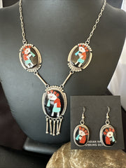 Kokopelli Turquoise Coral Zuni Inlay Necklace Earrings 19078 Set | Sterling Silver | Authentic Native American Handmade