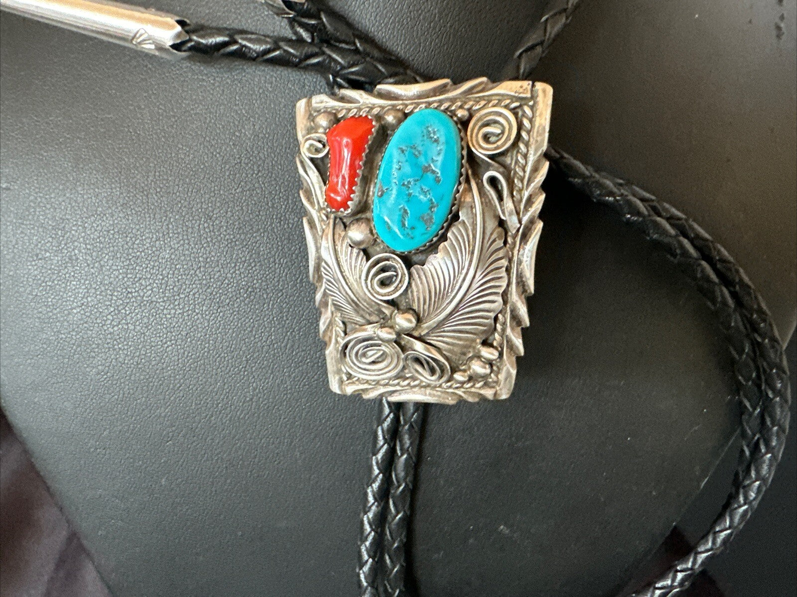 Mens Blue Kingman Turquoise Coral Bolo Tie Sterling Silver Navajo 18168
