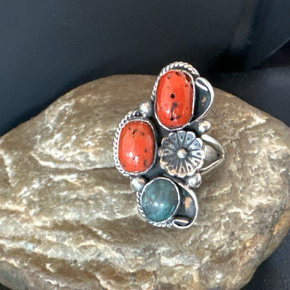Multicolor Ring Turquoise Coral Spiny Navajo Sterling Silver Cluster 10.5 19195