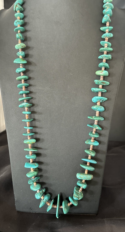 XL Navajo Kingman Turquoise Shell Heishi Sterling Silver Bead 35” Necklace 19634