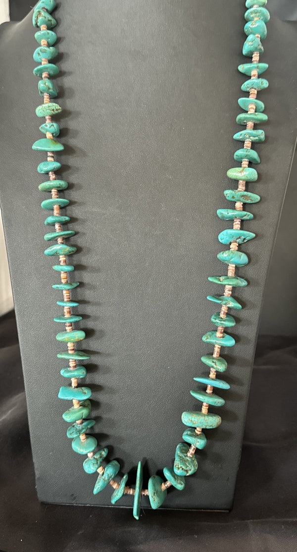 XL Navajo Kingman Turquoise Shell Heishi Bead 35"Necklace | Sterling Silver | Authentic Native American Handmade | 19634
