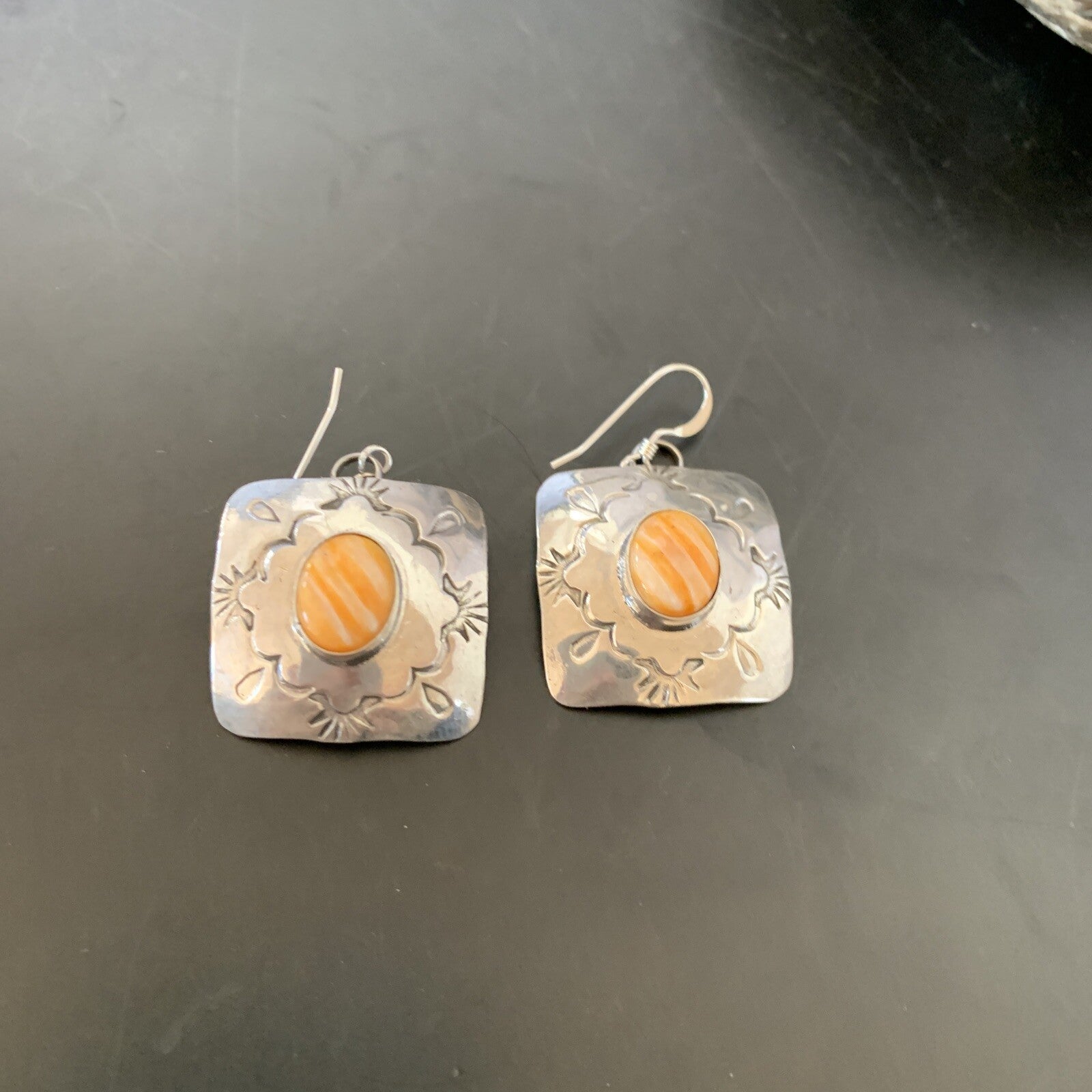 Gold Orange Spiny Oyster Navajo Sterling Silver Earrings 02076