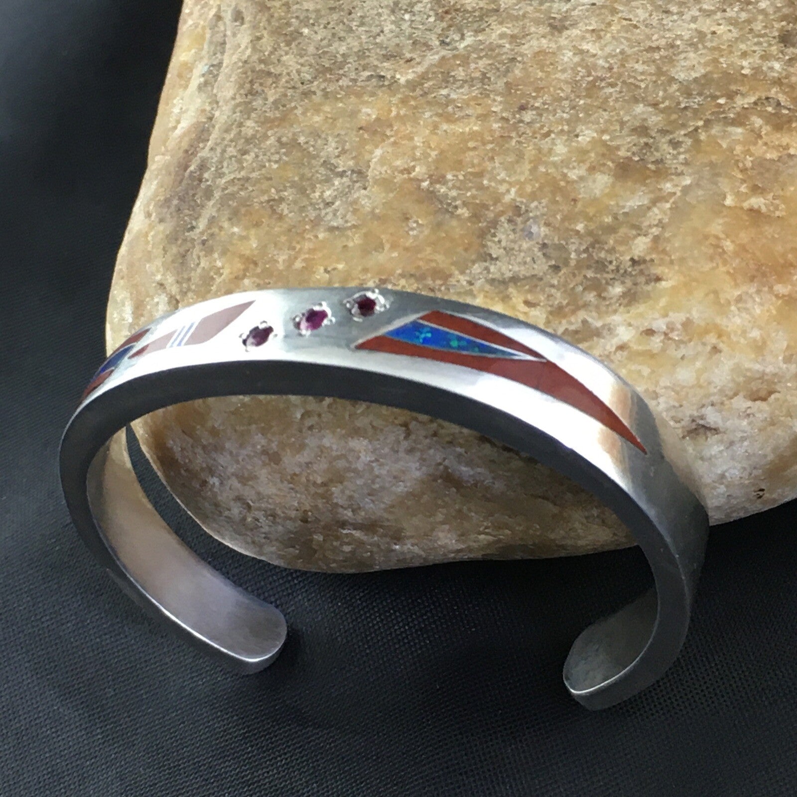Coral, Lapis Ruby Navajo Sterling Silver Inlay Bracelet 1982