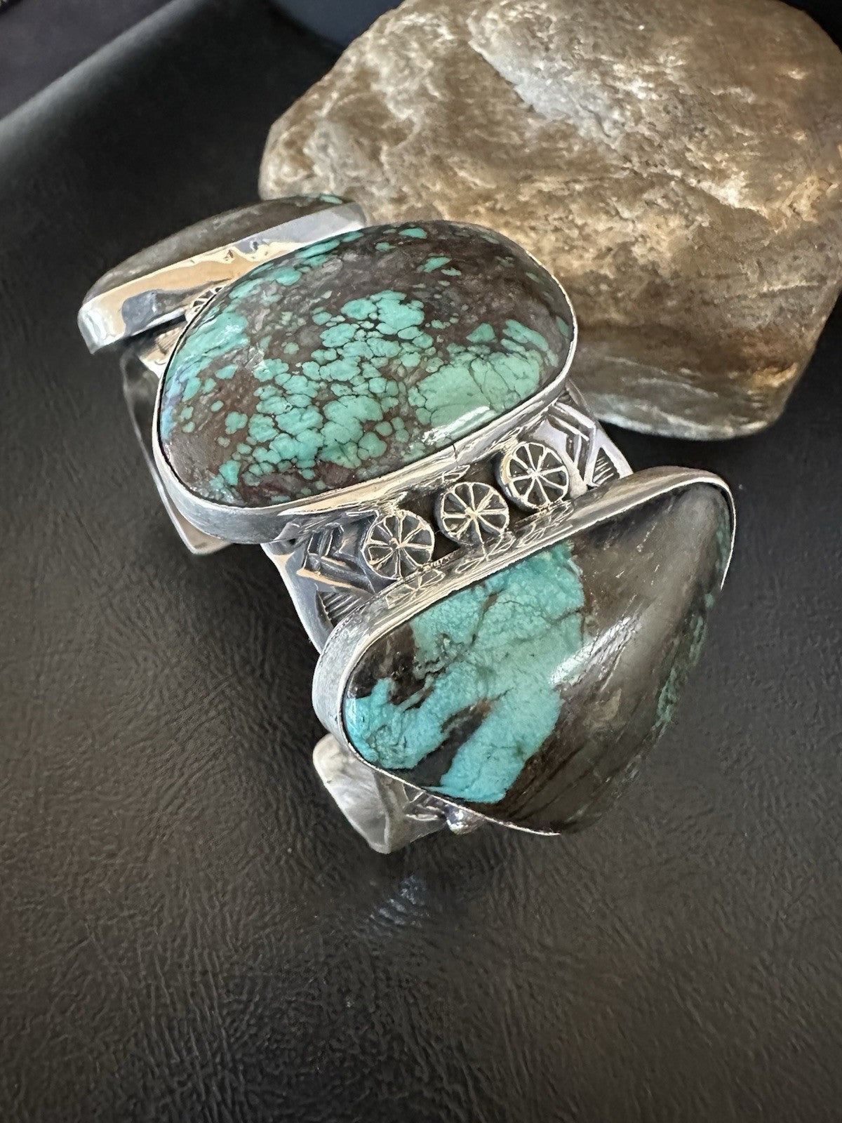 Mens Blue Spiderweb Turquoise Navajo Sterling Silver Cuff Bracelet 7.25" 19435