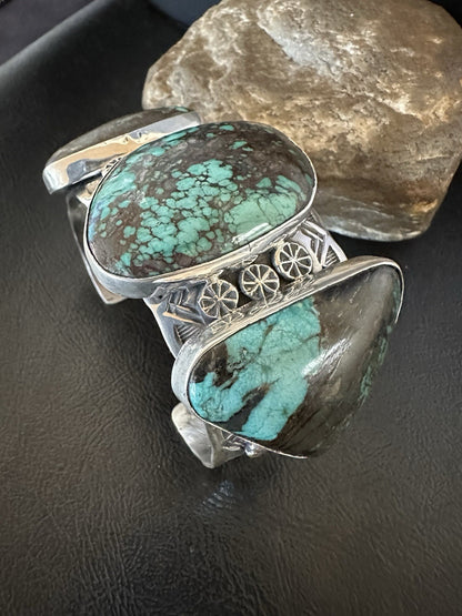 Mens Blue Spiderweb Turquoise Navajo Sterling Silver Cuff Bracelet 7.25" 19435