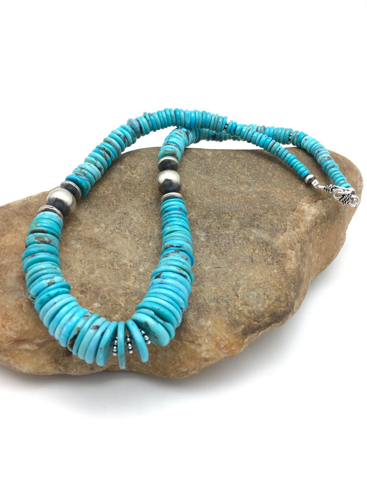 Turquoise Graduated Navajo Sterling Silver Necklace 18" 4046