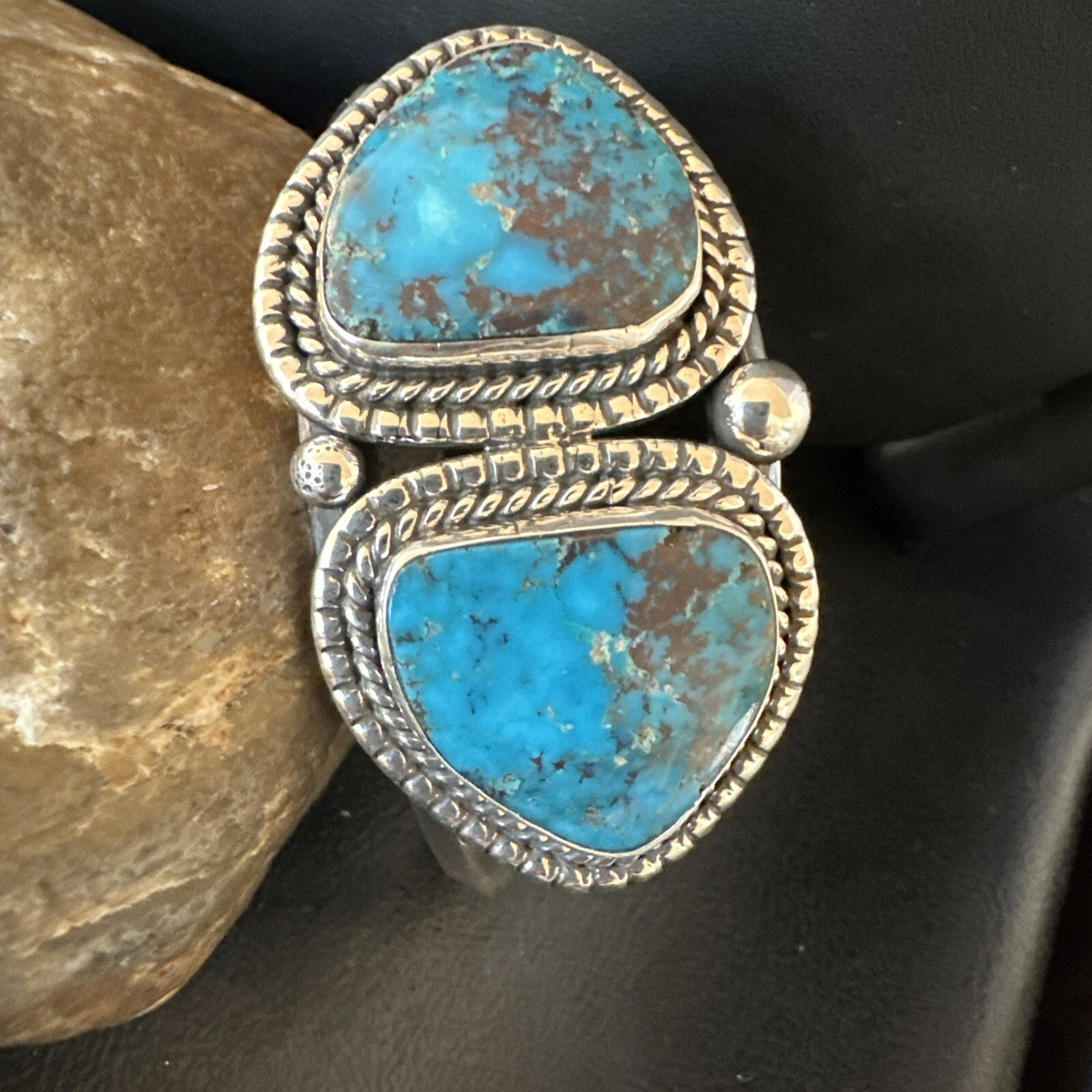 Navajo Blue TURQUOISE Stamped 2 Stone Sterling Silver Cuff Bracelet 8.25" 18717