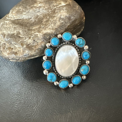 Blue Kingman Turquoise MOP Navajo Sterling Silver Cluster Ring Size 10 18395