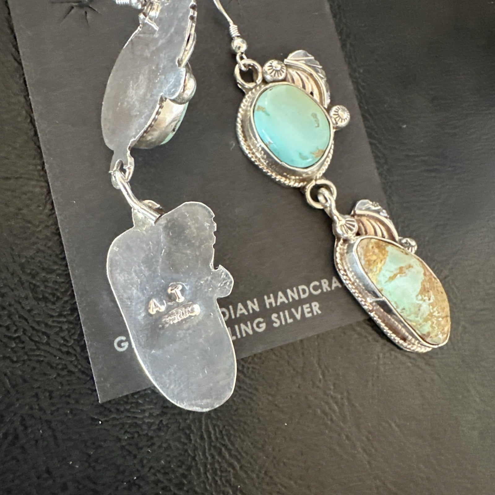 Green Royston Turquoise Navajo Sterling Silver Dangle Earrings 19601