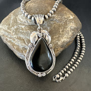 Men's Women's Black Onyx Pendant Navajo Beads Necklace | Sterling Silver | Authentic Native American Handmade | 18352