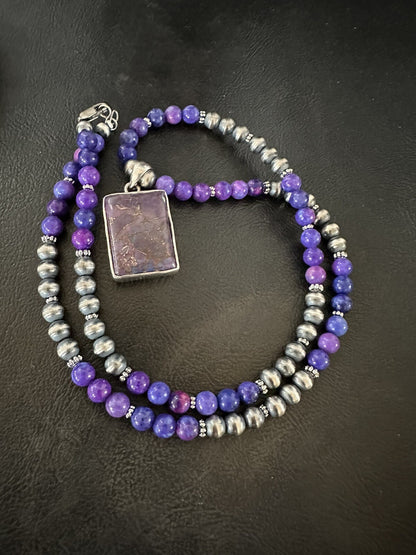Purple Stone Turquoise Pendant Navajo Pearls Sterling Silver Necklace 18384