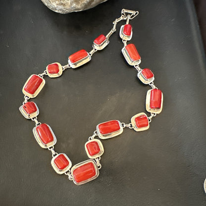 Handmade Women Red Coral Choker Necklace Pendant Sterling Silver 20” 18411