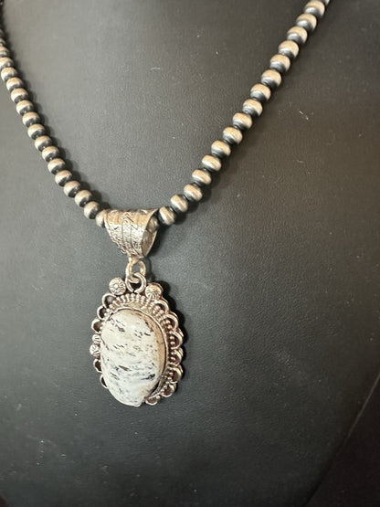 White Buffalo Turquoise Pendant Navajo Pearls Sterling Silver Necklace 19373