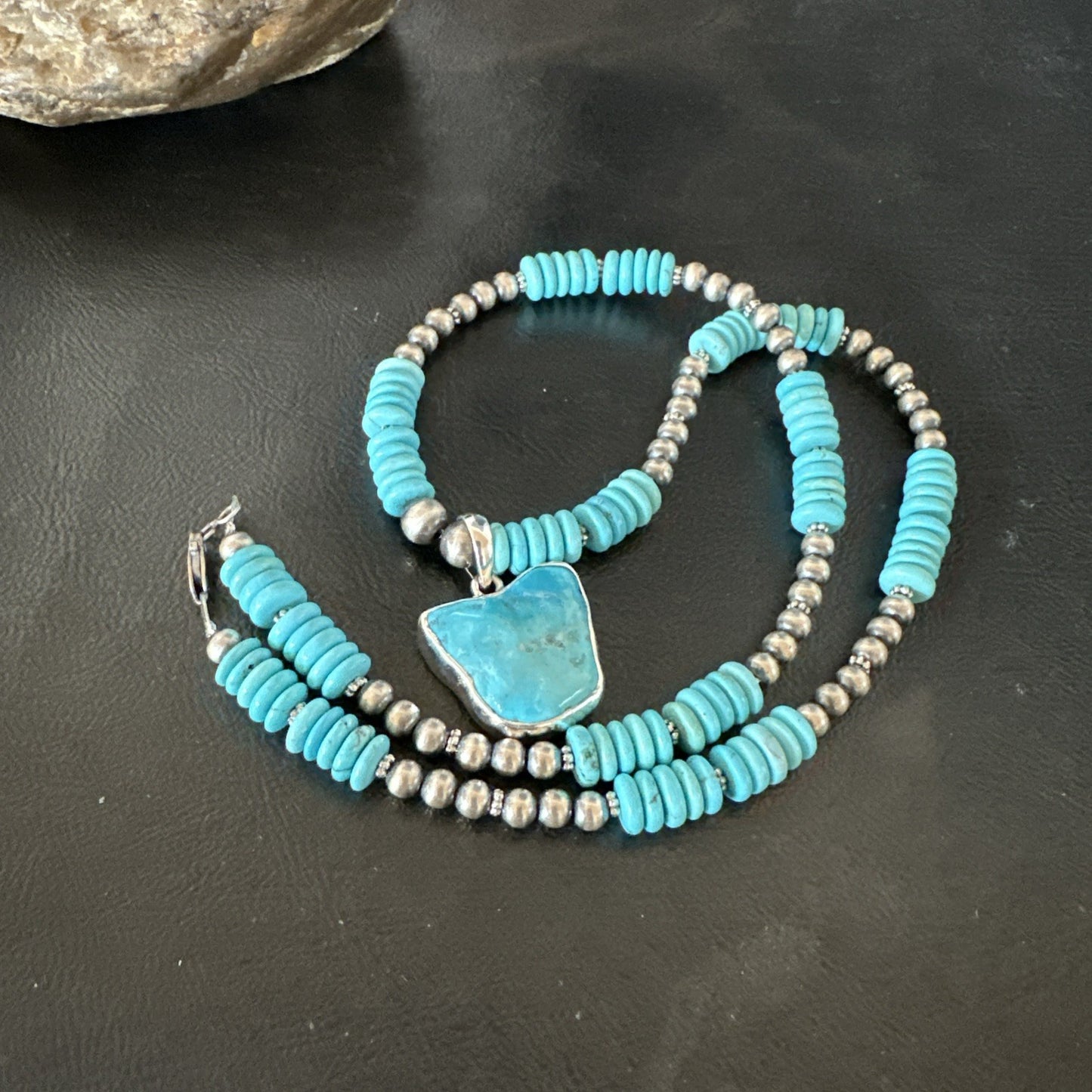 Blue Kingman Turquoise 2 Sided Pendant Navajo Sterling Native Necklace 20" 19517