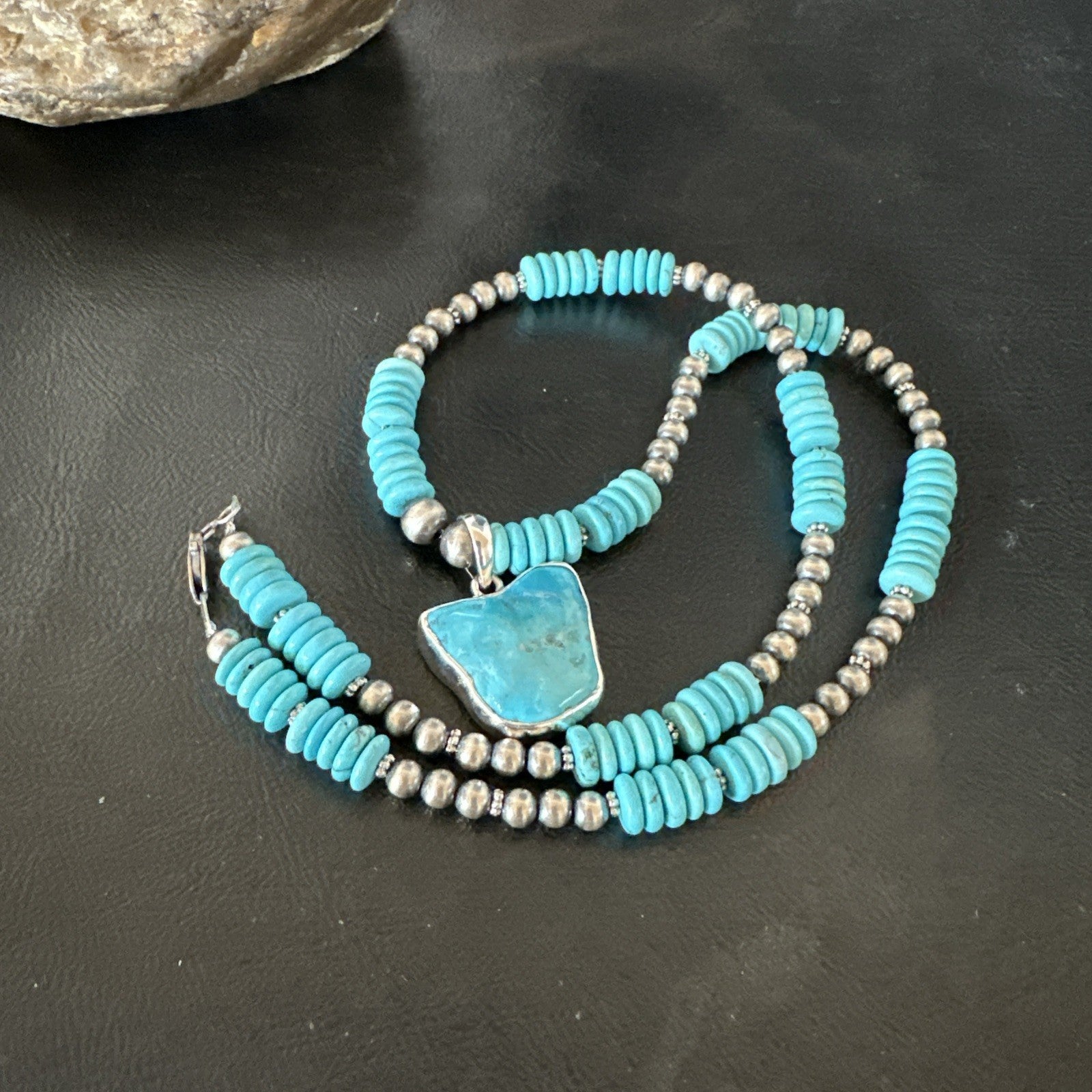 Blue Kingman Turquoise 2 Sided Pendant Navajo Sterling Native Necklace 20" 19517