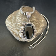 Men's Women's Black Onyx Pendant Navajo Beads Necklace | Sterling Silver | Authentic Native American Handmade | 18297