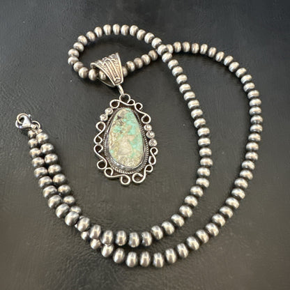 Mens Women Navajo Sterling Silver Green Royston Turquoise Necklace Pendant 18682