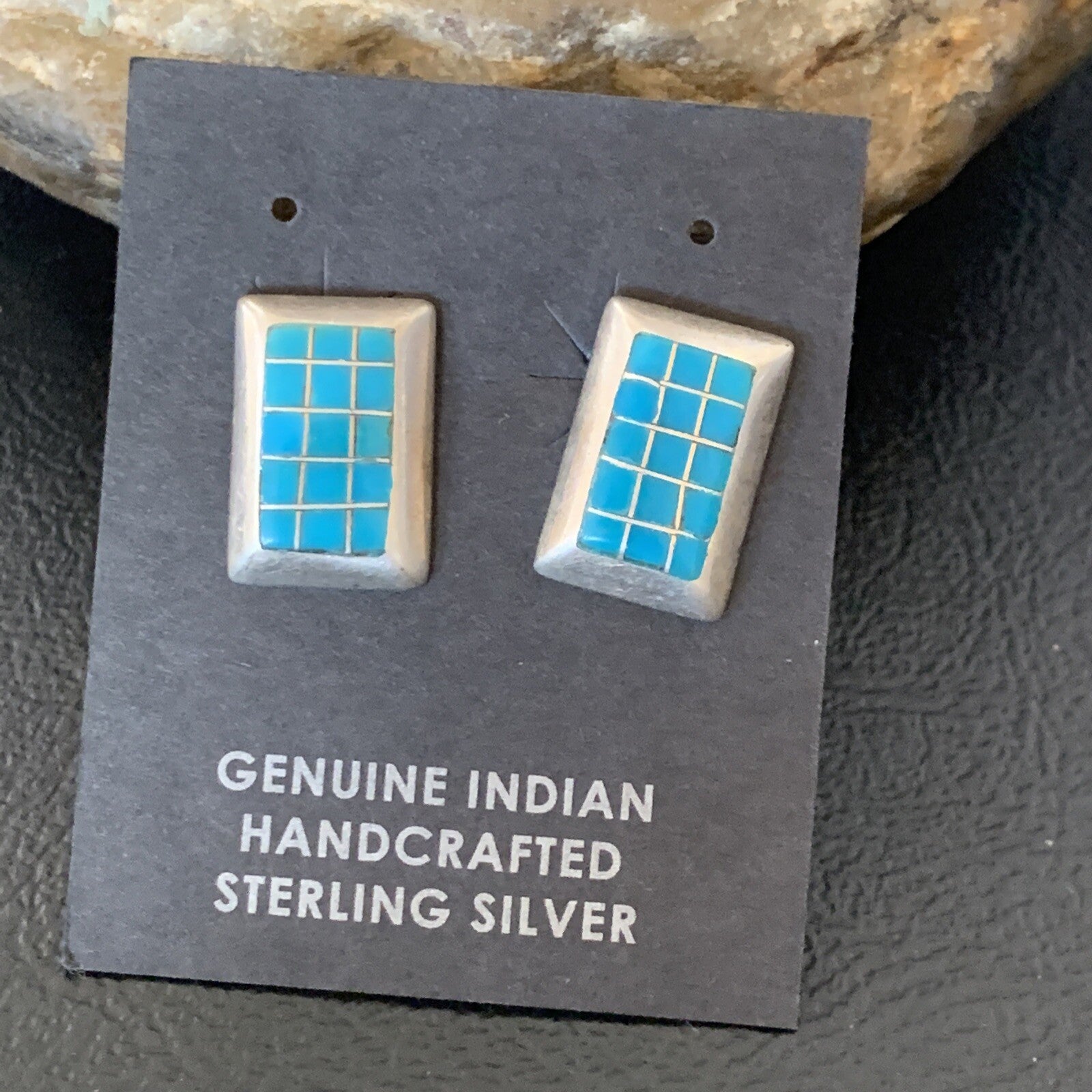 Blue Turquoise Inlay Navajo Sterling Silver Dangle Post Earrings 0.5" 12749