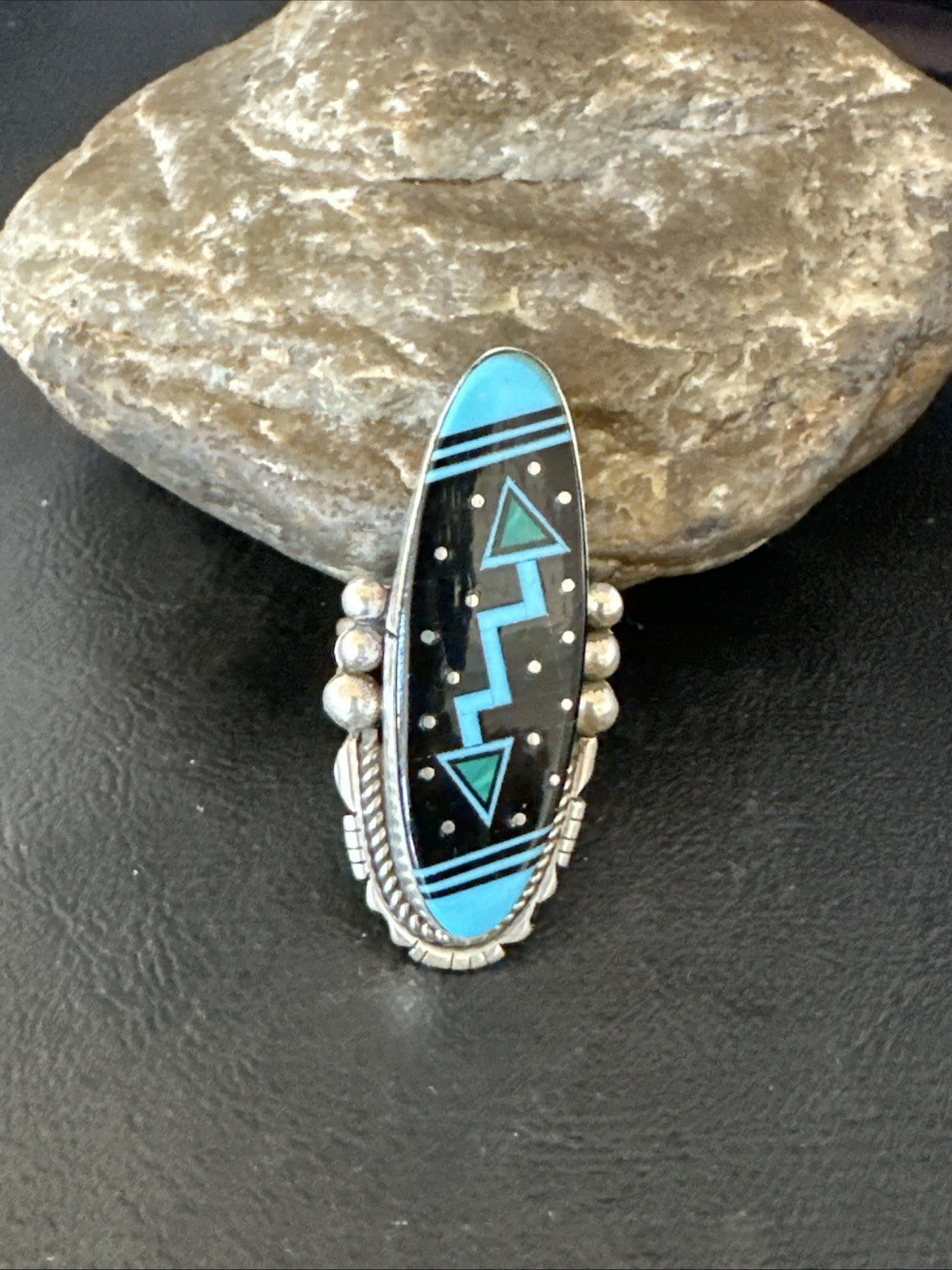 Cosmic Inlay Black Onyx Blue Turquoise Navajo Sterling Silver Ring Sz 9.5 19790