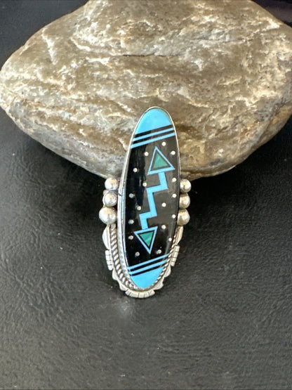 Cosmic Inlay Black Onyx Blue Turquoise Navajo Sterling Silver Ring Sz 9.5 19790