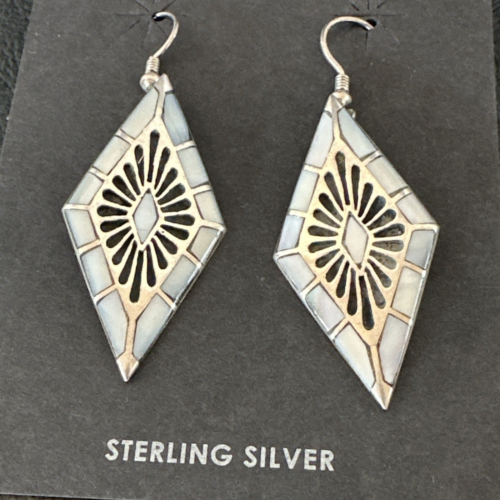 White Mother of Pearl Navajo Sterling Silver Dangle Inlay Earrings 19014