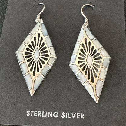 White Mother of Pearl Navajo Sterling Silver Dangle Inlay Earrings 19014