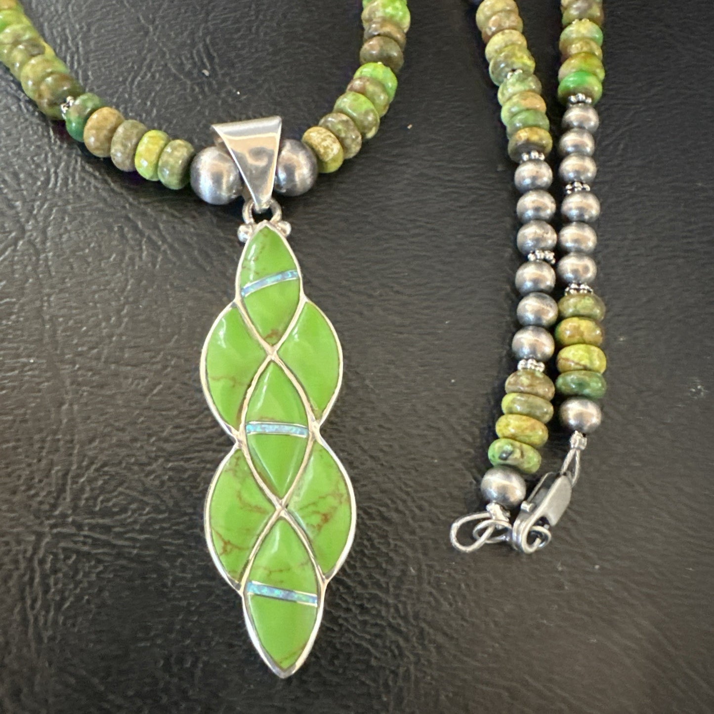Womens Green Gaspeite Turquoise Opal Pendant Sterling Silver Necklace 19548