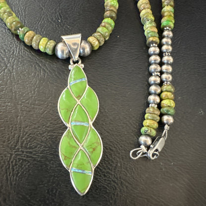 Womens Green Gaspeite Turquoise Opal Pendant Sterling Silver Necklace 19548