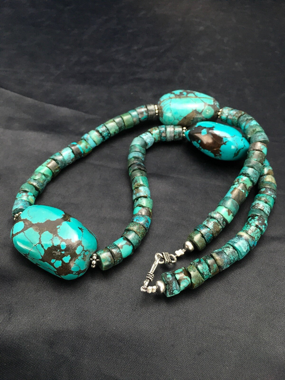 Spider Web Turquoise Heishi Navajo Sterling Silver Beads Necklace 21" 02960