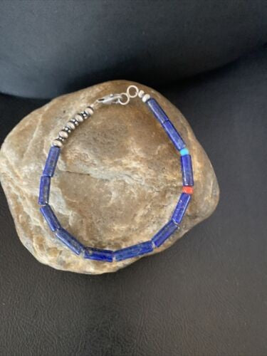 Navajo Lapis Turquoise Coral Beaded Bracelet Sterling Silver 7" 13117