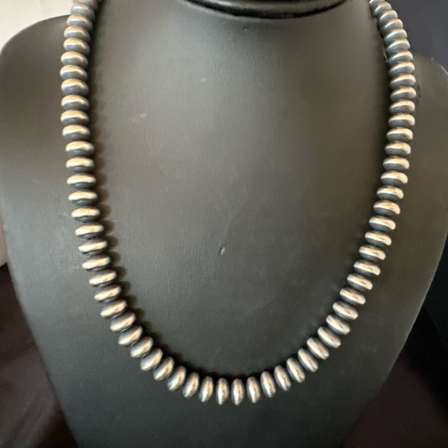 Native 8mm Saucer Sterling Silver Navajo Pearls 19" Hook Eye Cone Necklace 17823