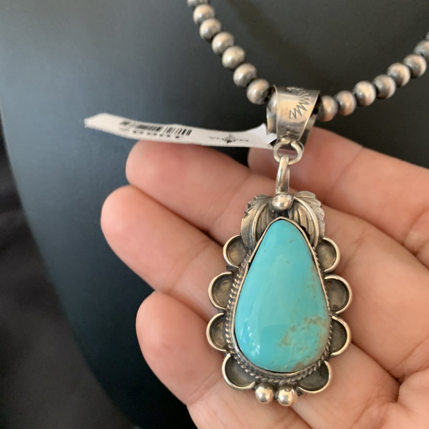 Mens Blue Kingman Turquoise Pendant Navajo Pearls Sterling Necklace 10697N