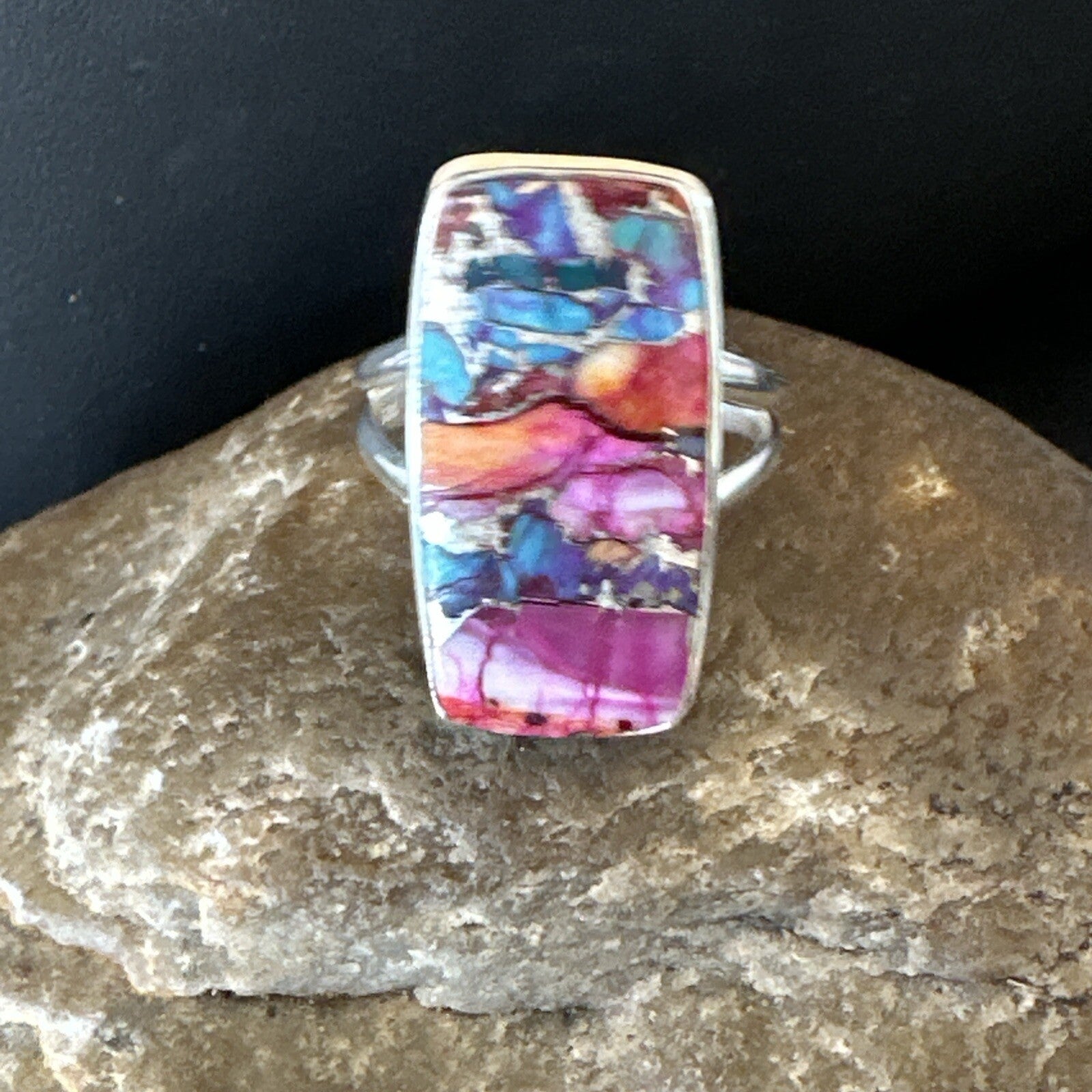 Blue Turquoise Spiny Oyster Southwestern Sterling Silver Ring Size 9 18541