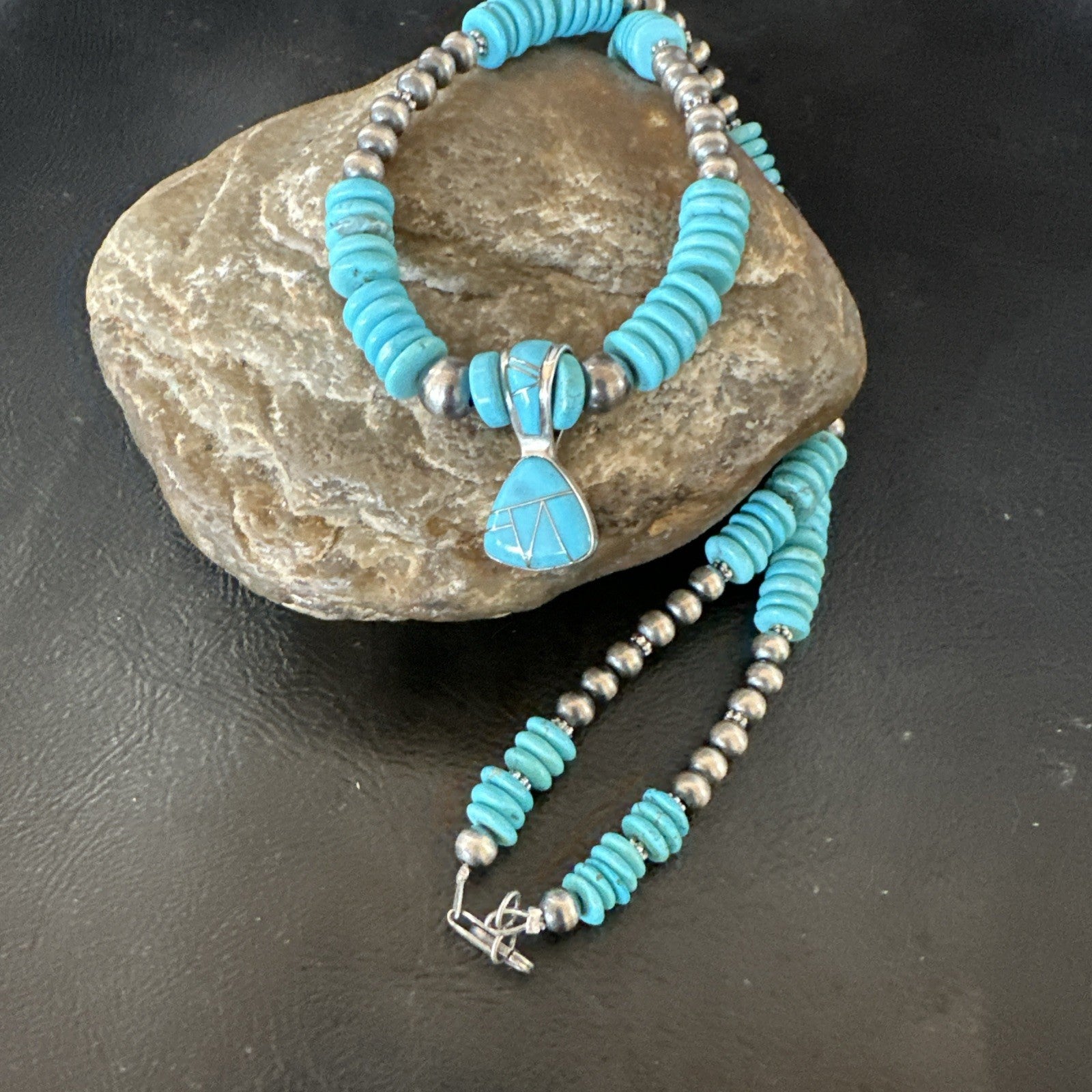 Blue Turquoise Inlay Pendant Navajo Sterling Silver Necklace 19513
