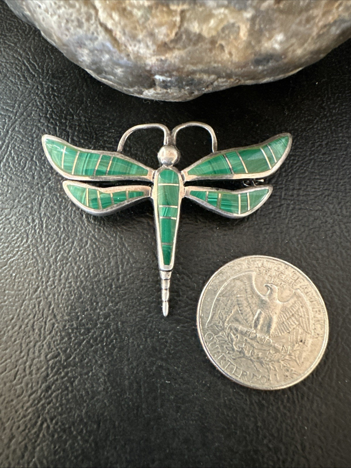Rare Dragonfly Green Malachite Sterling Silver Inlay Pin 1.35” 19820