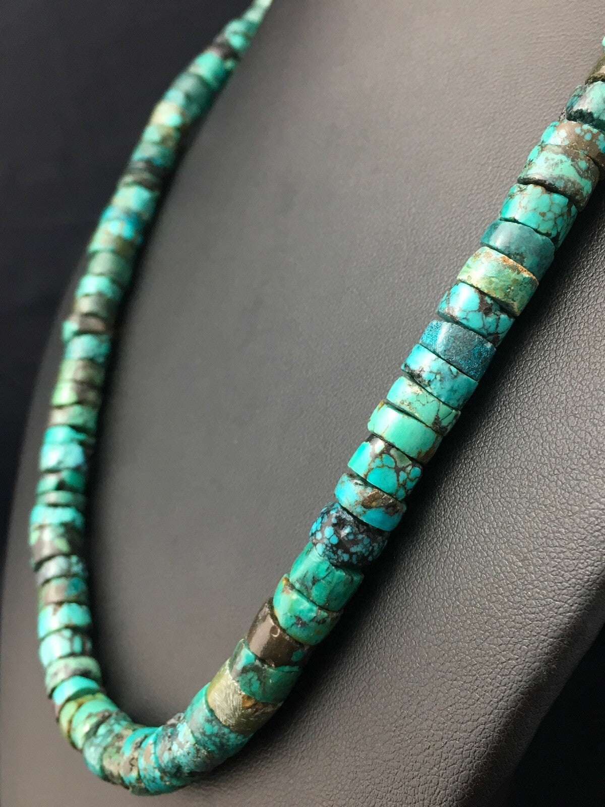 Rustic Turquoise 12 mm Heishi Sterling Silver Bead Necklace 26” 15262