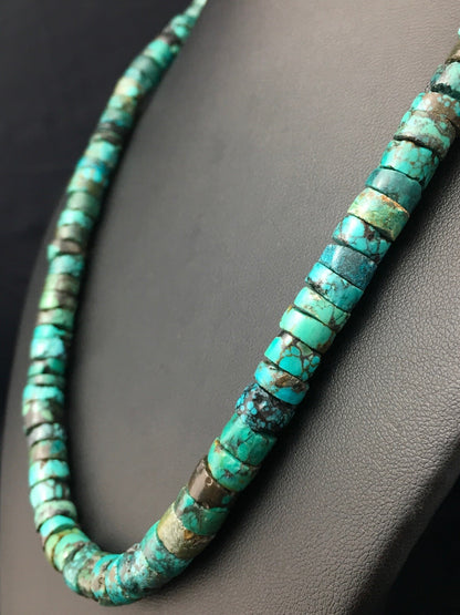Rustic Turquoise 12 mm Heishi Sterling Silver Bead Necklace 26” 15262