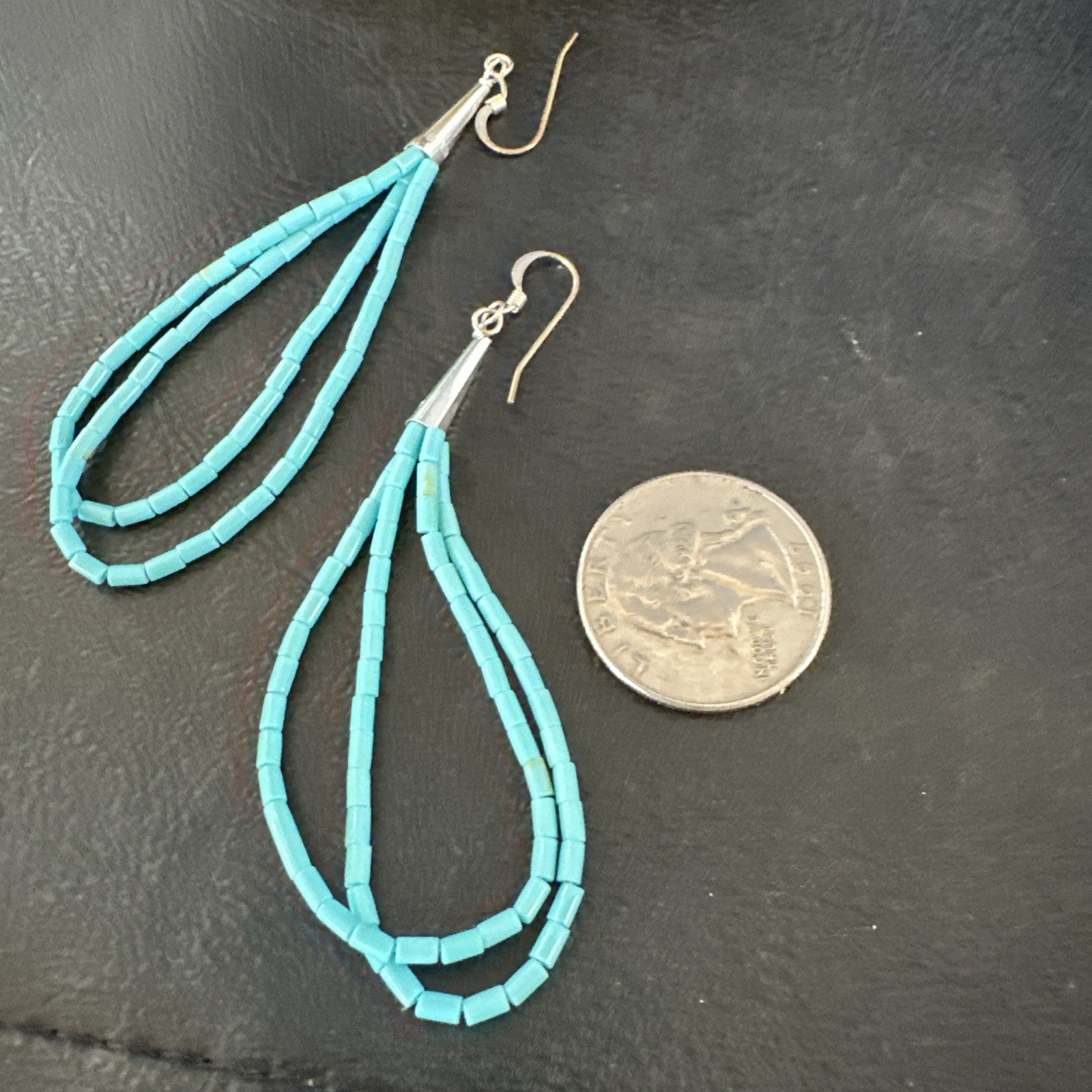 New Blue Turquoise Heishi 2 Strand Dangle Sterling Silver Earrings 3” 19039